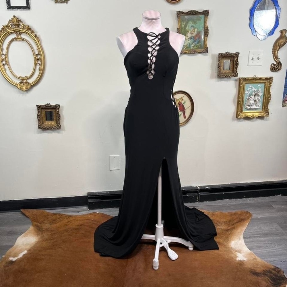 Vintage la femme Y2K Black Lace-Up Halter Maxi Dress Goth Stretch Evening Gown